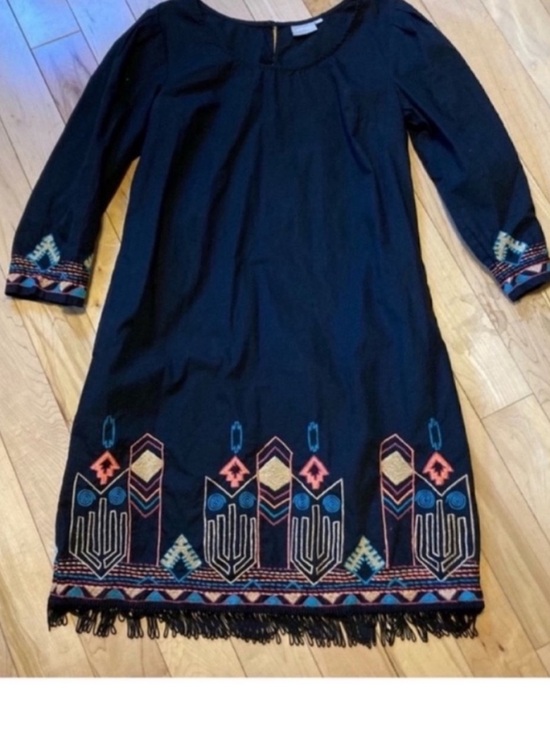 eshakti Dresses & Skirts - eShakti Black cotton dress colorful embroidery w tassel fringe hem size medium